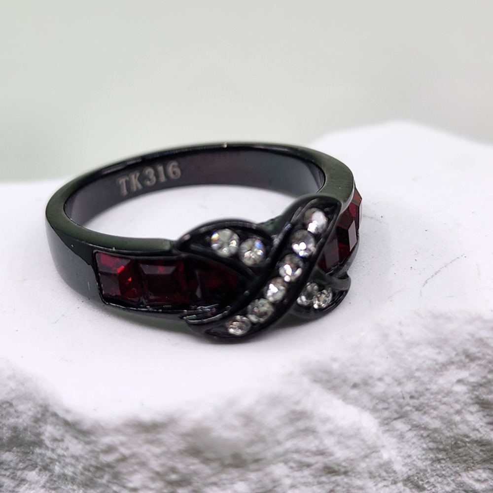 TUSK Stainless Steel Stamped Red Crystal Rhinestone Infinity Knot Statement Ring